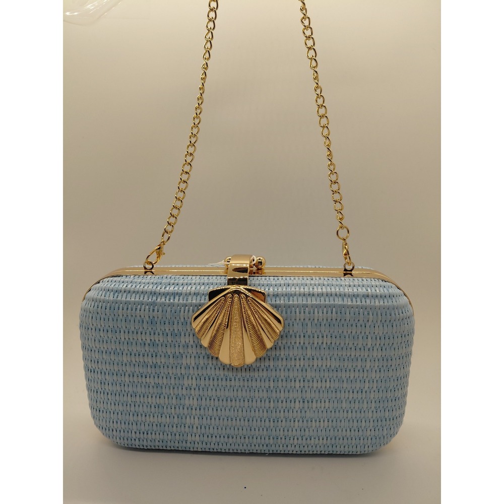 NEW Tommy Bahama Light Blue Woven Straw Shell Clasp Clutch Crossbody Bag AZ10426 - Picture 2 of 8